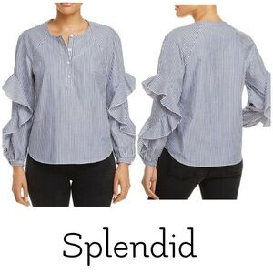 Splendid ruffled long sleeve striped 1/4 button navy white blouse.